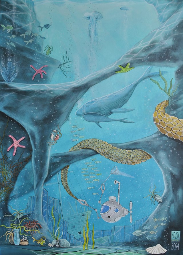 Living room painting by Dariusz Franciszek Różyc titled ''Underwater Adventure'' from'' Monster Catcher'' cycle