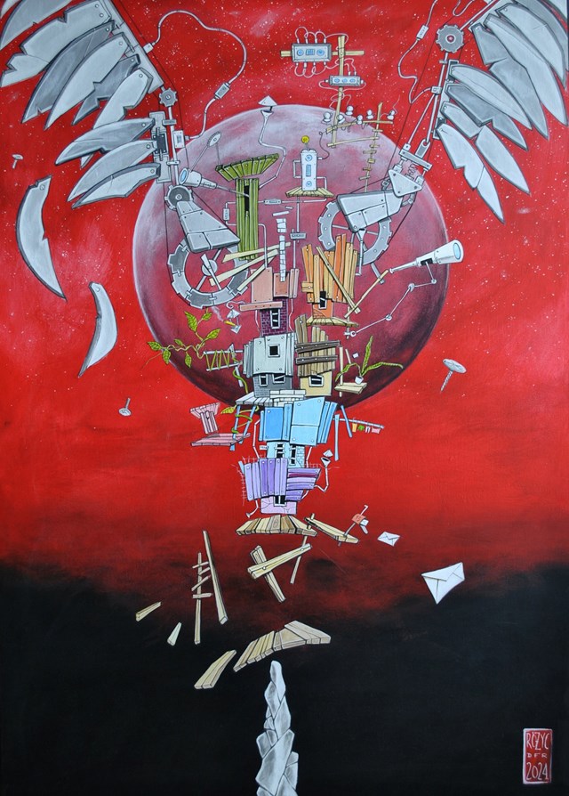 Living room painting by Dariusz Franciszek Różyc titled ''FLY AWAY'' from ''Not so faraway..'' cycle