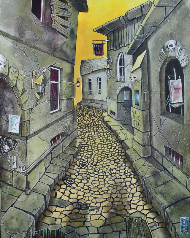 Living room painting by Dariusz Franciszek Różyc titled ''STREET OF THE SKULLS''