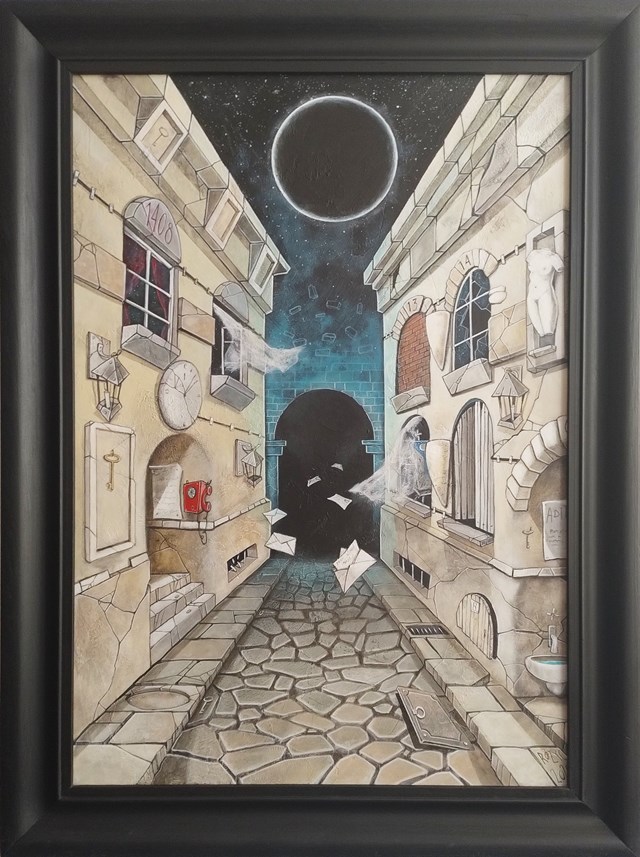 Living room painting by Dariusz Franciszek Różyc titled ''THE ALLEY OF SLEEPY TIME''from cycle ''The streets''