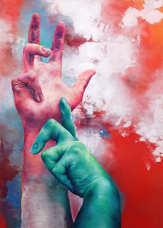 Living room painting by Vanessa Eslain Świgulska-Jop titled Czuję delikatne dłonie duszy: Oblicze jednego człowieka