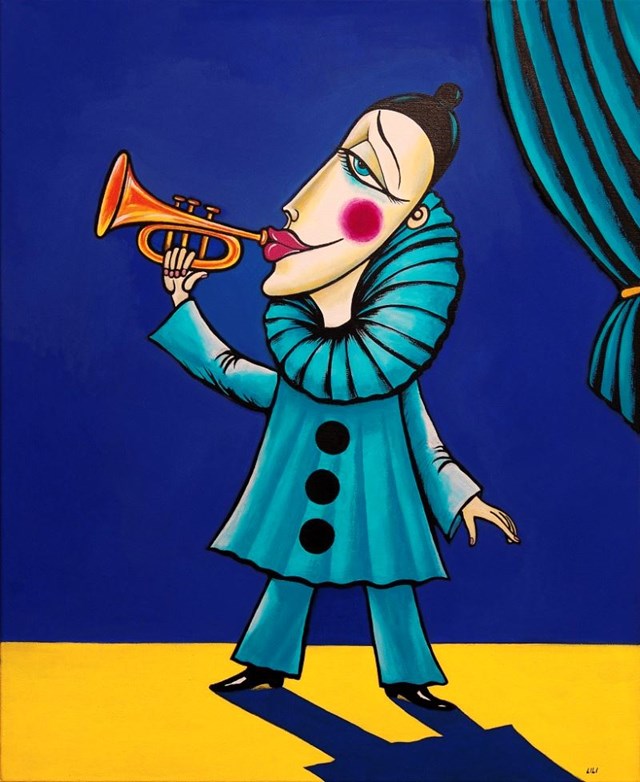 Living room painting by Lili Fijałkowska titled Pierrot playing the trumpet