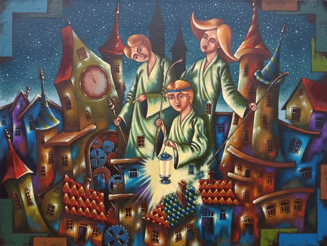 Obraz do salonu artysty Arkadiusz Kulpa pod tytułem Trzech nocnych wędrowców