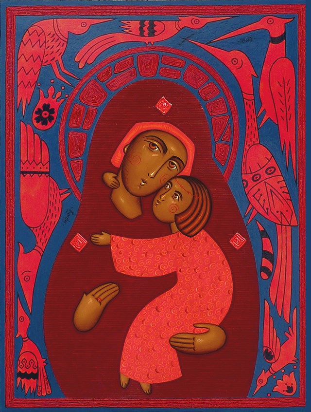 Living room painting by Anna Makać titled icon "Madonna with birds"