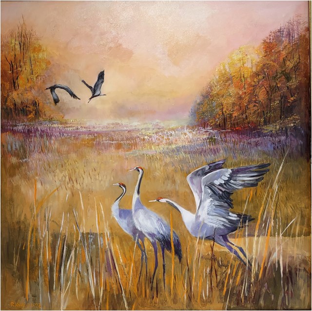 Living room painting by Renata Kulig-Radziszewska titled Autumn cranes