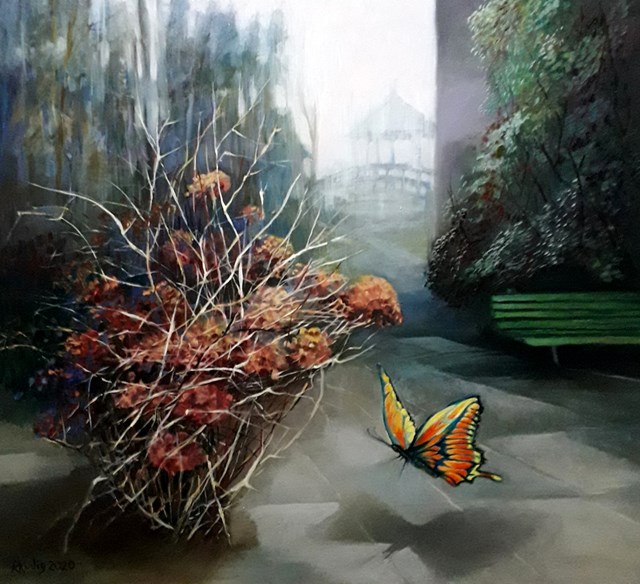 Living room painting by Renata Kulig-Radziszewska titled  When the garden sleeps - from the cycle: enchanting gardens