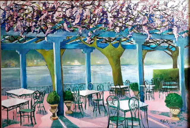 Living room painting by Renata Kulig-Radziszewska titled  Pink life on Lake Como Bellagio