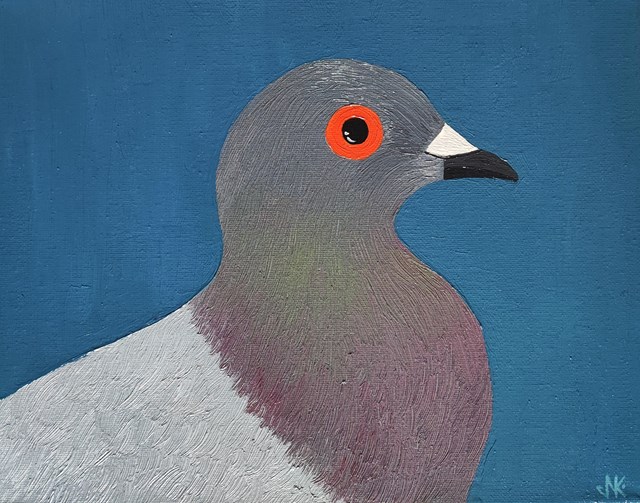 Living room painting by Nataliia Nikulina titled pigeon coo coo