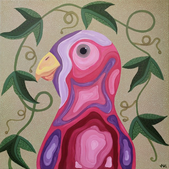 Living room painting by Nataliia Nikulina titled pink lovebird