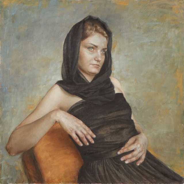 Living room painting by Alina Sibera titled Woman in black