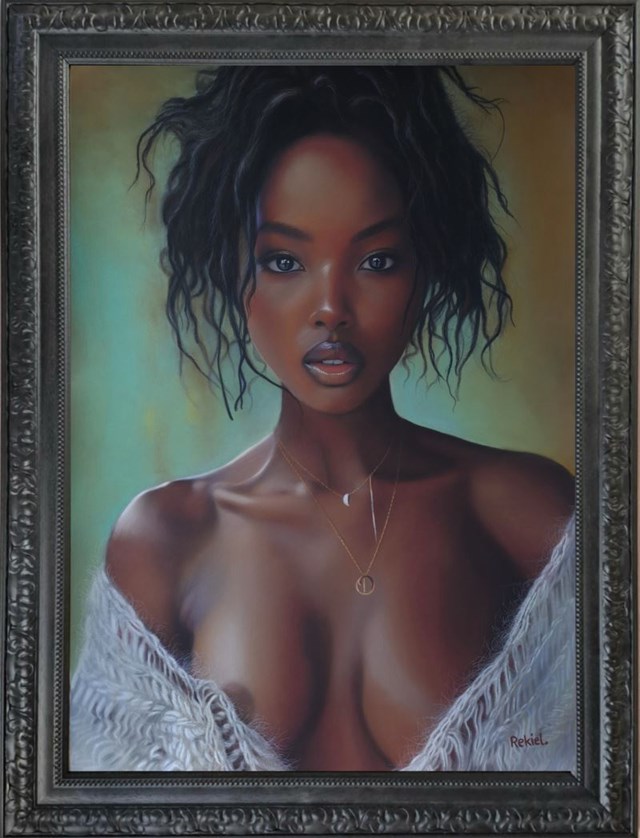 Living room painting by Katarzyna Rekiel titled Half-nude of a Woman from Madagascar II