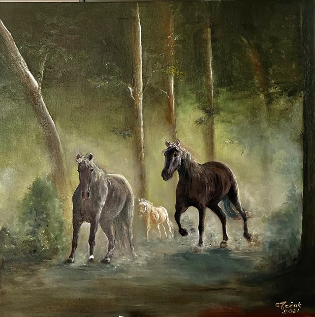 Living room painting by Grażyna Jeżak titled The horses