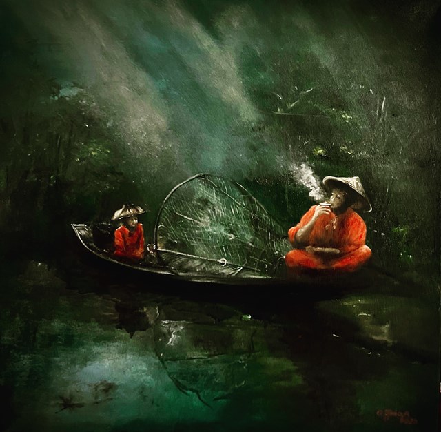 Living room painting by Grażyna Jeżak titled Myanmar fishermen