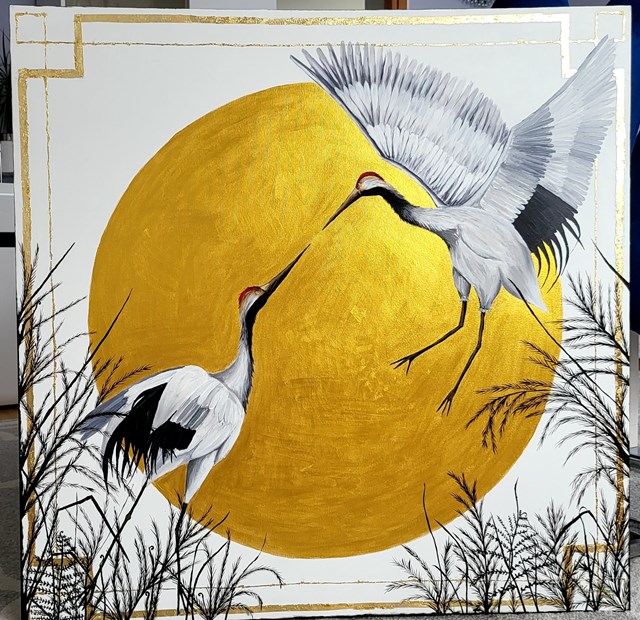 Obraz do salonu artysty Aleksandra Elizabethe Wojtysiak pod tytułem Złote Żurawie w trawie 
