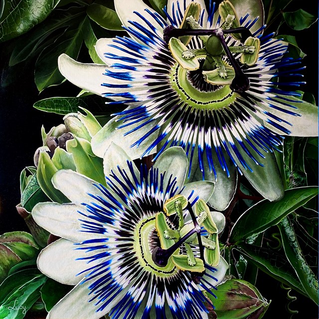 Living room painting by Lucyna Wolańska titled PASSIFLORA BLOOM
