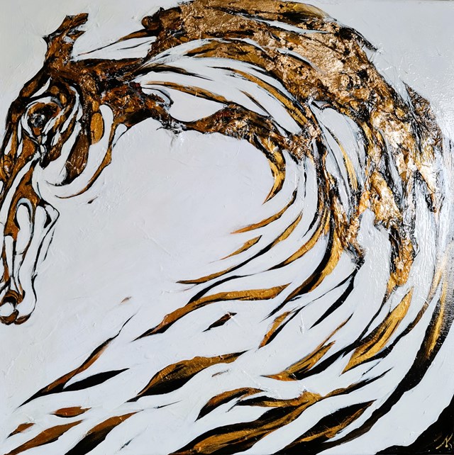 Living room painting by Alan Konopczyński titled GOLD HORSE