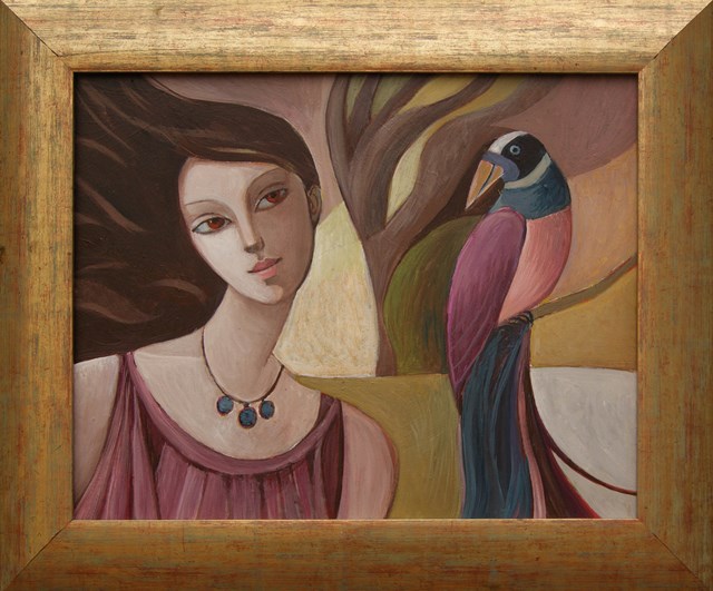 Living room painting by Agnieszka Korczak-Ostrowska titled Girl with bird of paradise