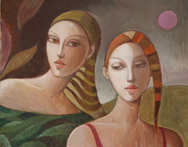Living room painting by Agnieszka Korczak-Ostrowska titled Two girls at dawn