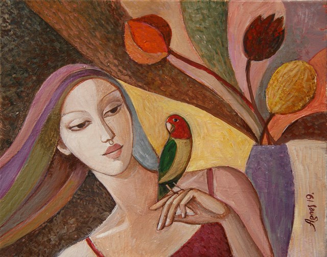 Living room painting by Agnieszka Korczak-Ostrowska titled Girl with parrot