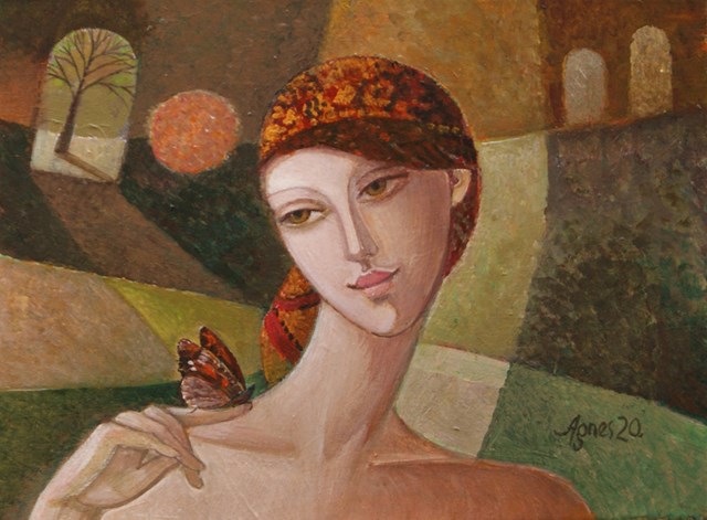 Living room painting by Agnieszka Korczak-Ostrowska titled Girl with butterfly II