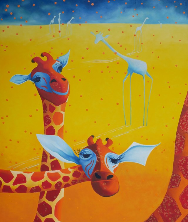 Living room painting by Jolanta Kitowska titled Ladies Giraffes nostalgic