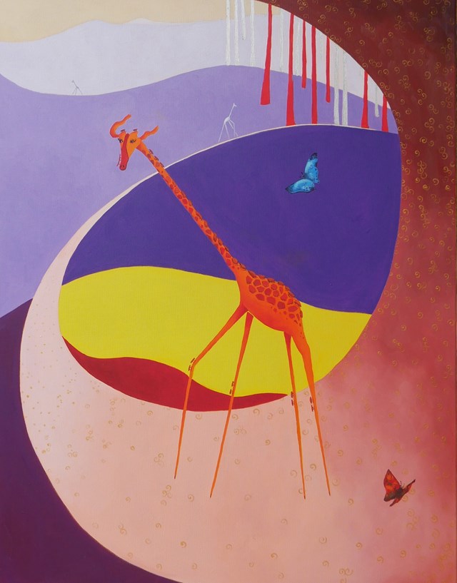 Living room painting by Jolanta Kitowska titled The Royal Armed Giraffe