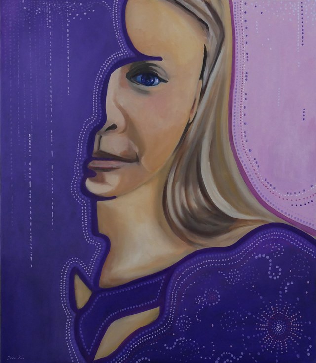 Living room painting by Jolanta Kitowska titled Masks - violet 