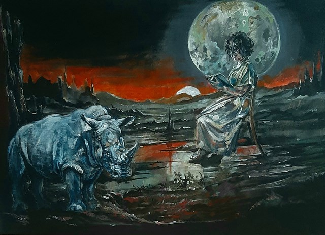 Living room painting by Radosław Szatkowski titled Moonlight Reading 