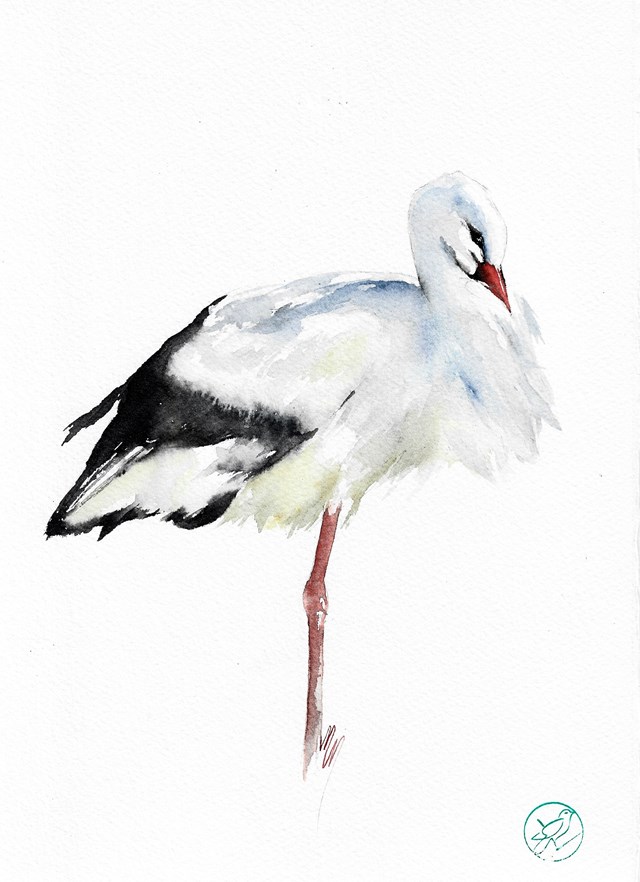 Living room painting by Magdalena Malik titled White stork