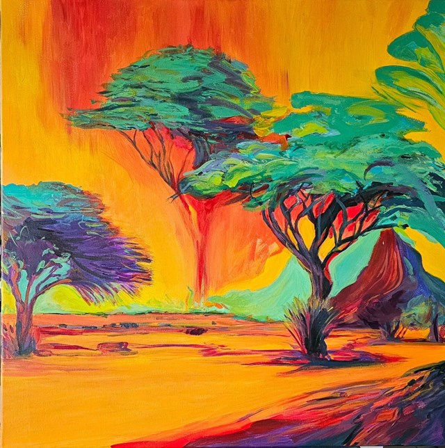 Living room painting by Dawid Latek titled ORANGE SILENCE KALAHARI 