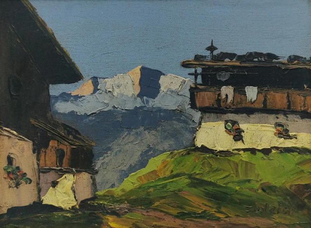 Living room painting by Fritz Weiss titled Mountain shelter