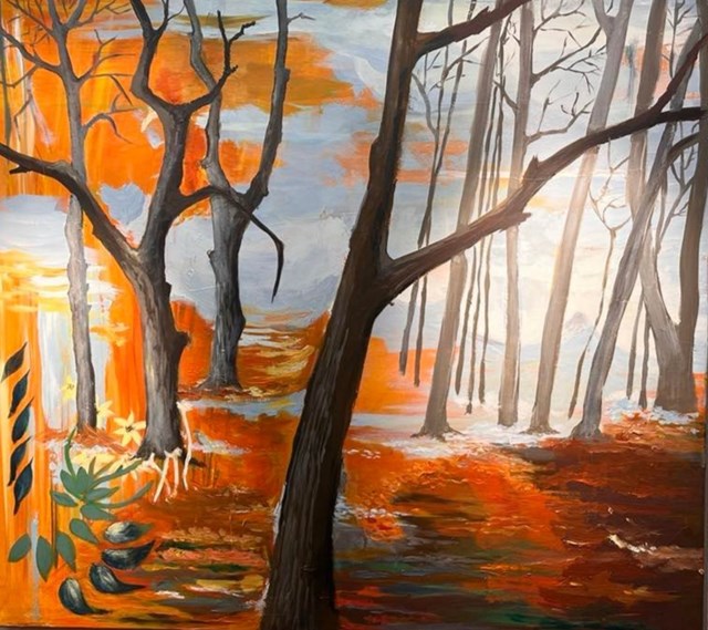 Living room painting by Agnieszka Sterne titled Trees in Orange