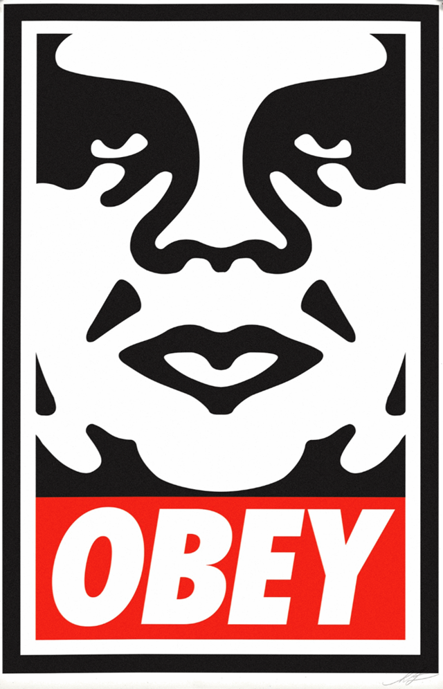 Living room print by Shepard Fairey titled OBEY