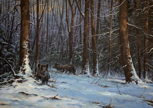 Living room painting by Michał Nowakowski titled Wild boars