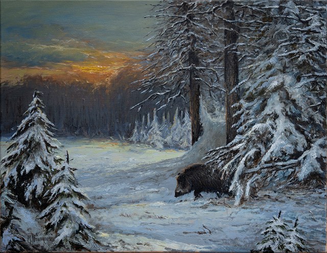 Living room painting by Michał Nowakowski titled December sunset