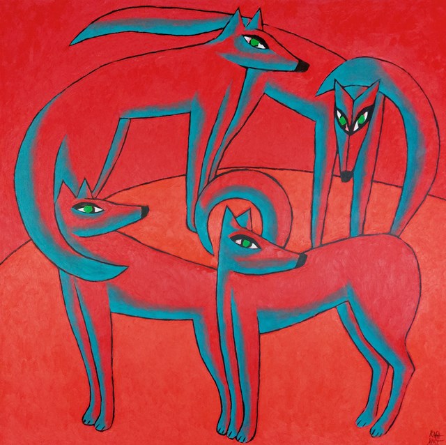 Living room painting by Rafał Kostrzewa titled Red foxes