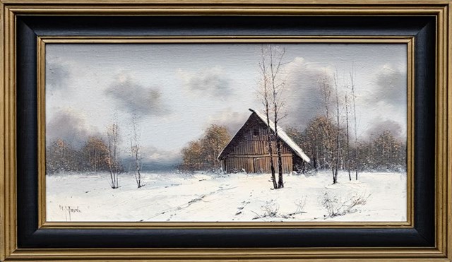 Living room painting by Bohdan Piasecki titled Winter - barn