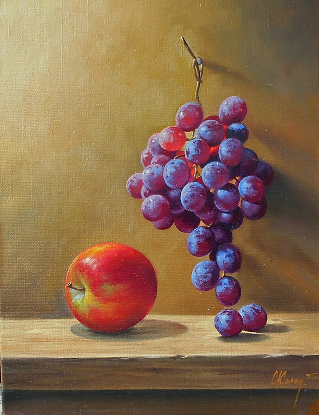 Obraz do salonu artysty SERGEY KOLODYAZHNIY pod tytułem Martwa natura z jabłkiem i winogronami