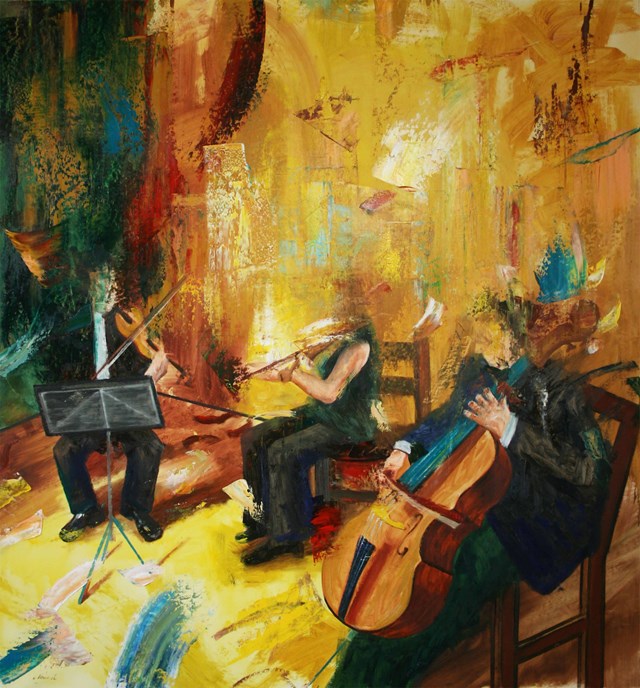 Living room painting by Cyprian Nocoń titled Concert for three