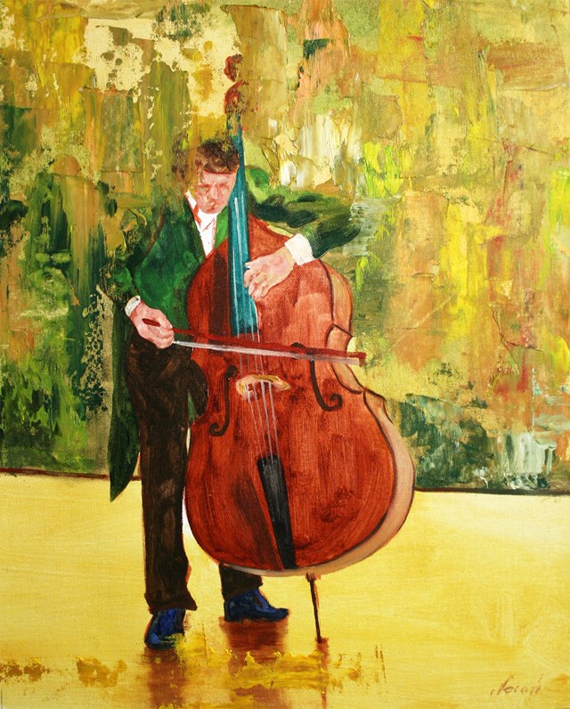 Living room painting by Cyprian Nocoń titled  Soloist in a green tuxedo