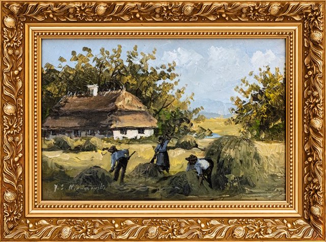 Living room painting by J.S. Niewiarowski titled Haymaking