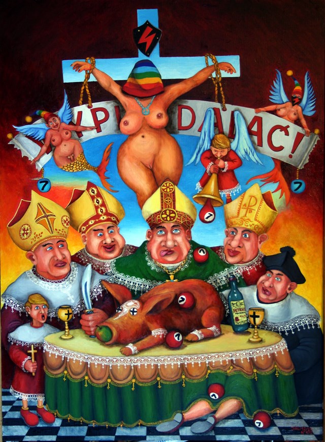 Living room painting by Jacek Lipowczan titled There's no hell, so let's have fun!