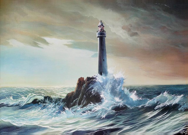 Living room painting by Wiesław Król titled Lighthouse
