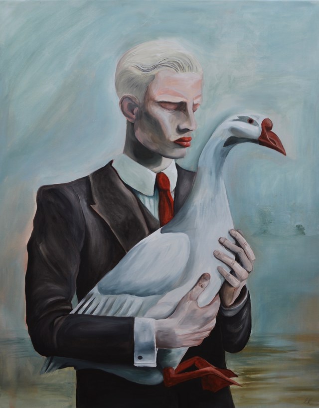 Living room painting by Eliza Kwiatkowska titled Man with goose