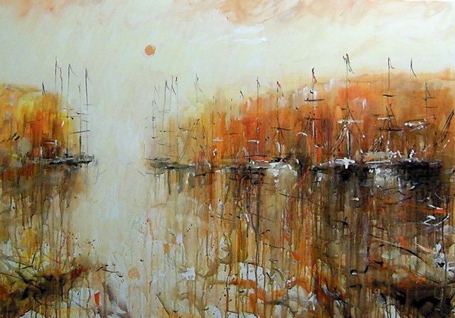 Obraz do salonu artysty Dariusz Grajek pod tytułem Mały port i łodzie....