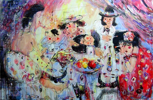 Living room painting by Dariusz Grajek titled After-party at Belshazzar's