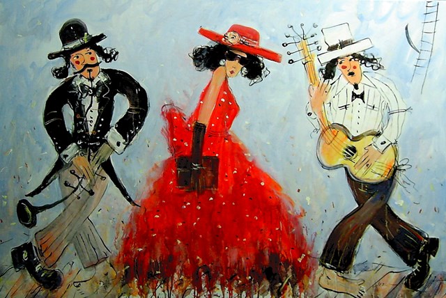 Living room painting by Dariusz Grajek titled Musicians and a lady