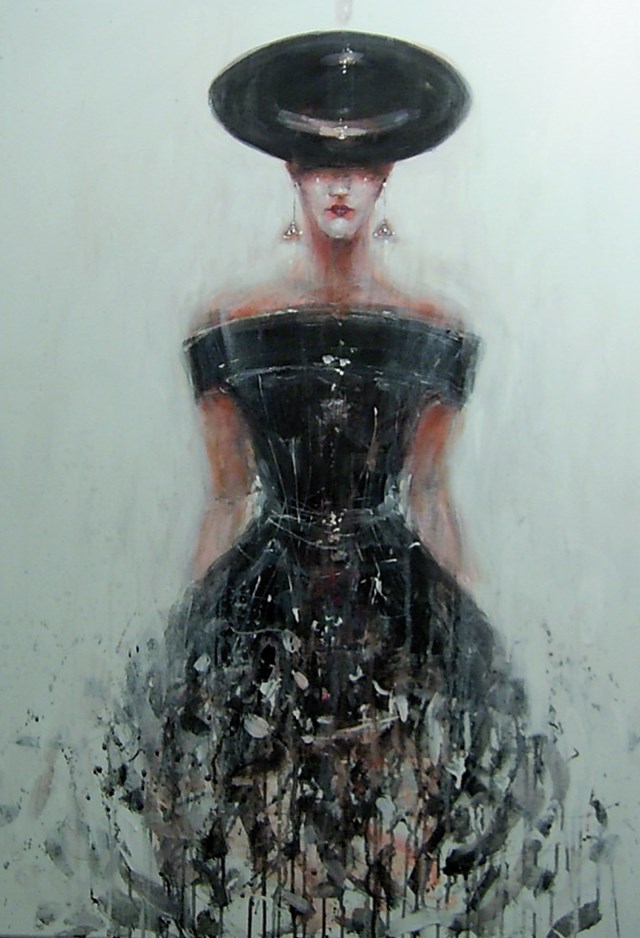 Living room painting by Dariusz Grajek titled Lady in Hat