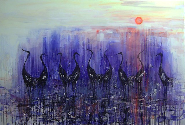 Living room painting by Dariusz Grajek titled Biebrza and cranes