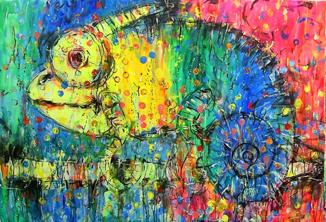 Living room painting by Dariusz Grajek titled Colorful chameleon